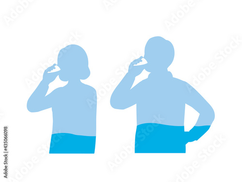水を飲む男女のシルエット　水分補給　中高年　ミドル　イラスト素材
