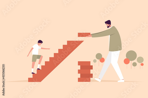 Conceptual illustration of a father building steps for his son to climb up. A father's day concept