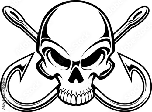 human skull with crossing fishing hooks