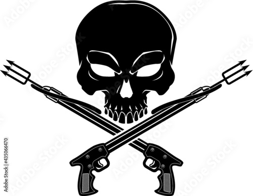 crossed spearguns, banner and skeleton