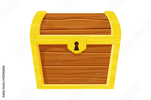 Wooden closed chest with golden decorations in cartoon style isolated on white background. Ui game asset, element, clip art. Antique container for treasure.