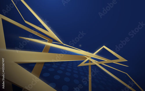 3d abstract gold triangles scatter on blue background. Futuristic technology digital hi-tech background. Vector illustration