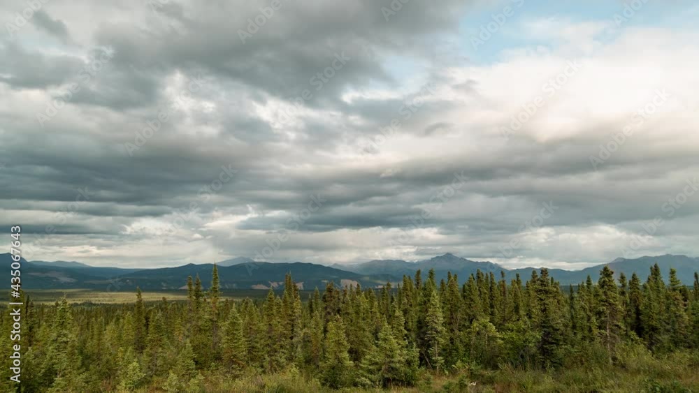 White clouds moving over an evergreen forest with rainbow White clouds moving over an evergreen forest with rainbow