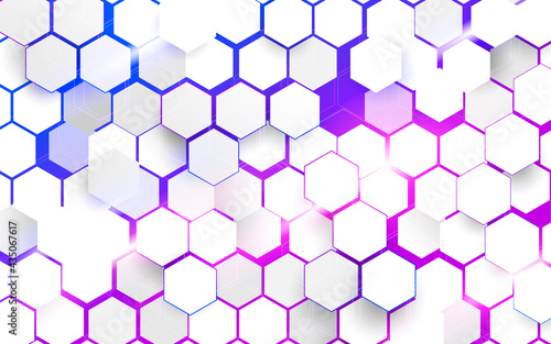 Abstract white hexagons pattern technology overlaps on blue and violet background. Futuristic technology digital hi tech concept. Vector illustration