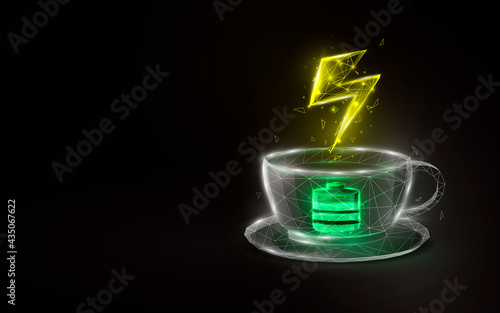 Coffee cup with battery charge sign. lines, triangles and particle style design. Vector illustration