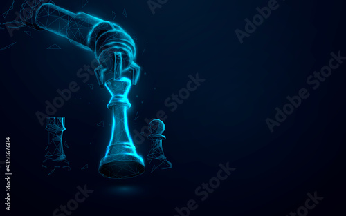 Robot arm playing chess. Artificial Intelligence, AI. Low poly, lines, triangles and particle style design. Vector illustration