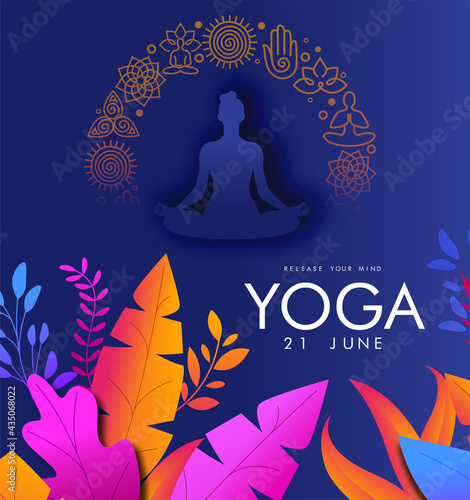 International Yoga day 21 june web banner EPS10 vector.Meditation Practice Yoga Colorful Fitness Concept. Vector illustration