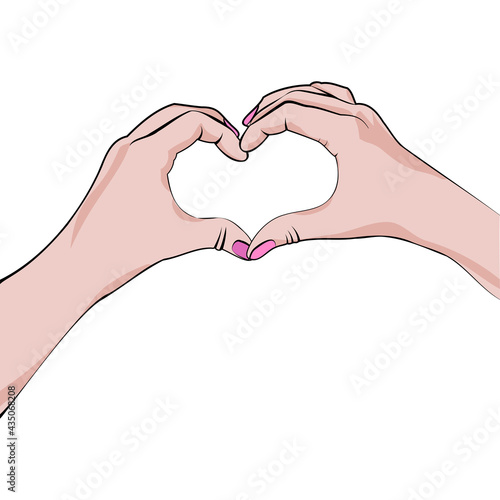 Womans hands in heart shape on white background. Template for card, copyspace for text. Vector illustration.