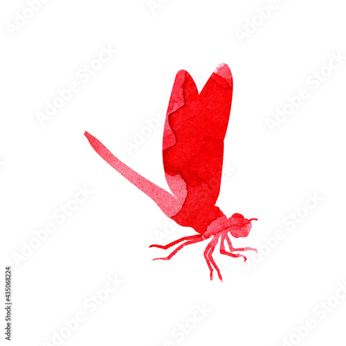 Watercolor illustration of a red abstract dragonfly with paint stripes. Cute funny insect print. A winged insect with large eyes. Isolated over white background. Drawn by hand.