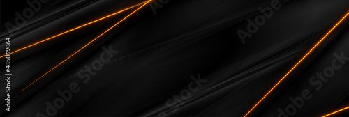 Black smooth abstract background with neon glowing orange lines. Vector futuristic banner design