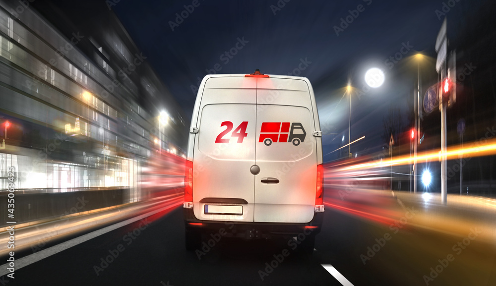 24 hours express delivery van courier service by night in the city on the road fast - obrazy, fototapety, plakaty 