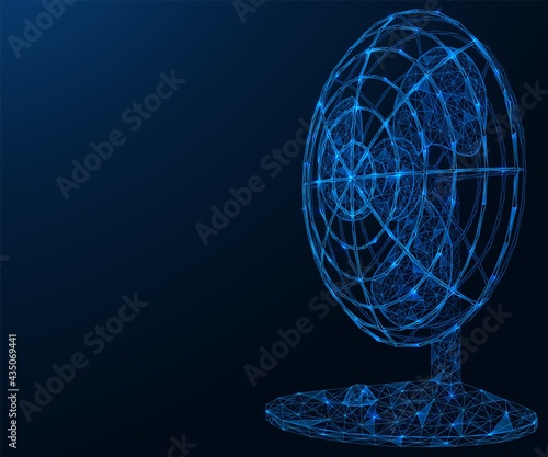 Table fan. Polygonal construction of interconnected lines and points. Blue background.