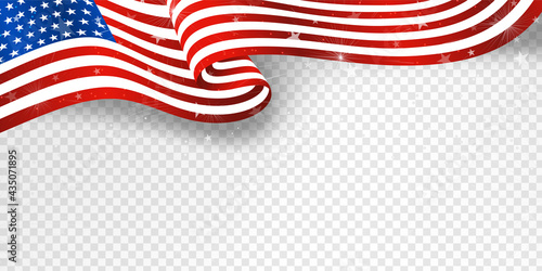 USA waving flag with star and firework, transparent background template for poster, banner, postcard, flyer, greeting card, etc. Vector illustration.
