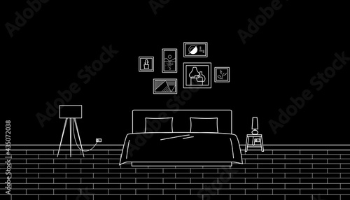 Bedroom line art design on black background. Vector illustration of room interior concept.