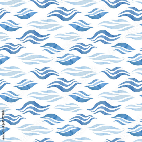 Watercolor abstract seamless pattern with blue waves. Hand-drawn sea or ocean background.