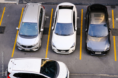 Aerial view colorful various car parking lot