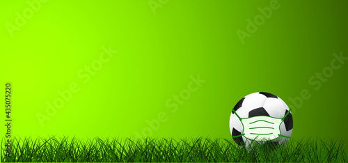 Sky view soccer border on green football grass field. Football with mask (Coronavirus, covid-19). Vector background. Sport finale or school, sports game cup. Summer, spring time, Street ball games.
