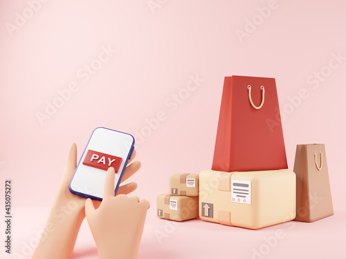 3D Hand click pay shopping online and receive bundle of parcel.