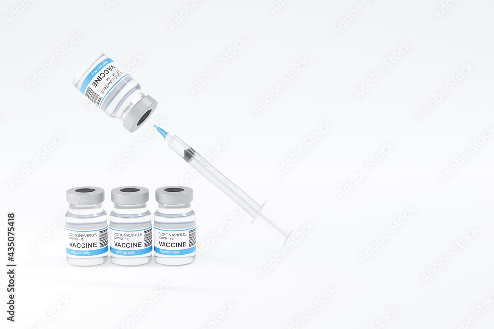 3D Coronavirus (COVID-19) vaccine bottles and syringe with copy space on white background illustration. 3D Coronavirus (COVID-19) vaccine bottles and syringe with copy space on white background illustration.