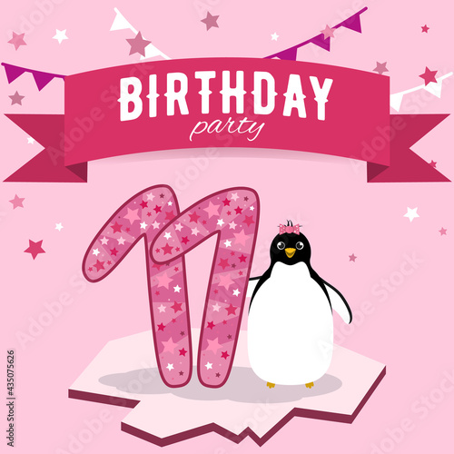 Bright pink card for the girl's eleventh birthday with a penguin and stars. Children's theme party for 11 years. Cheerful invitation to a children's party of 11 months.