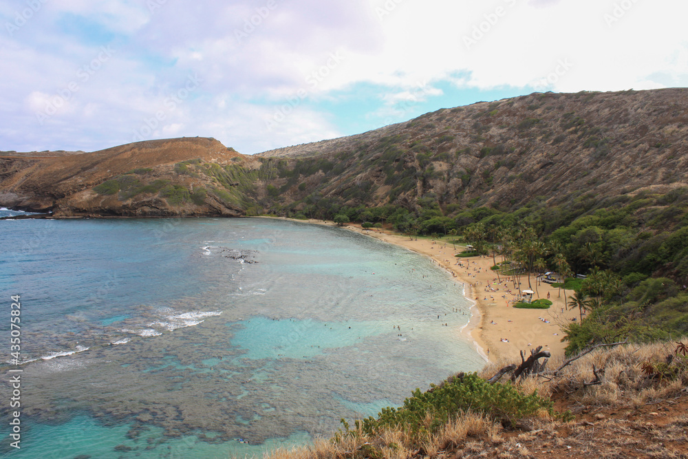View to Hanauma Bay beach - an underwater park on Oahu, Hawaii for snorkel enthusiasts, swimmers and anyone desiring to see more than 400 species of Hawaiian fishes