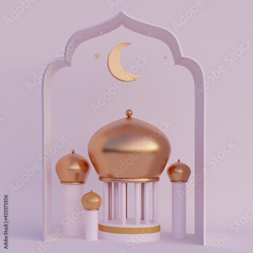Cartoon style Islamic background with crescent moon,  arabic lantern , ramadan kareem, mawlid, iftar, isra miraj, 3D illustration.