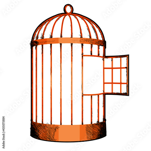 vintage illustration of a bird cage with the door open on white background. Design for t-shirts or stickers.