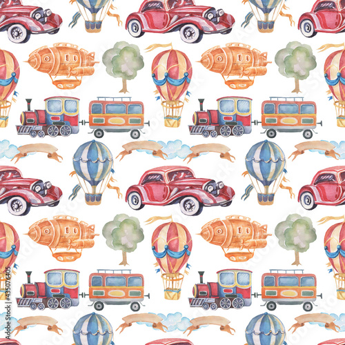 
Transport car train trailer balloon airship seamless patern watercolor illustration hand-drawn clipart baby cute. Set large vintage retro typewriter tree ribbon for inscription  pictures for nursery 