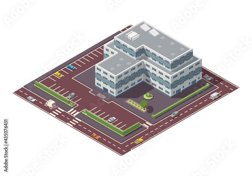 Vector isometric high rise building and street elements with place for parking. City or town map construction element. Icon representing multi story building. Houses, homes or offices