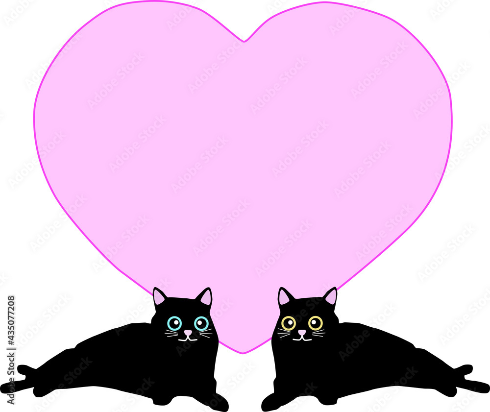 横になる2匹の猫と可愛いハートのイラスト素材 横になる2匹の猫と可愛いハートのイラスト素材