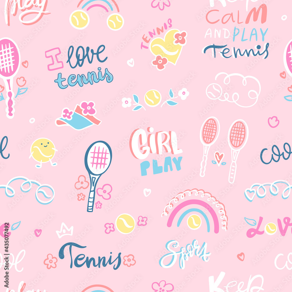 Cute girly tennis seamless pattern. Pink background with racket, rainbow, ball and doodles for wrapping paper designs, cards, covers and posters. Wallpaper for girls. Lettering, phrases motivation.