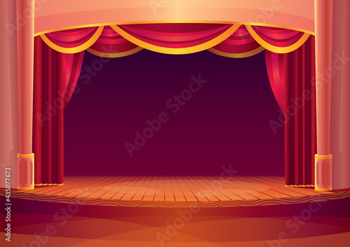 Theater stage with red curtains and on light. Vector cartoon illustration of theatre interior with empty wooden scene. Concert grand opening template
