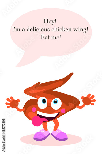 Cartoon chicken wing. Meat with face, arms and legs. Smiley food. Template with an empty place for your text. Healthy and nutritious food.