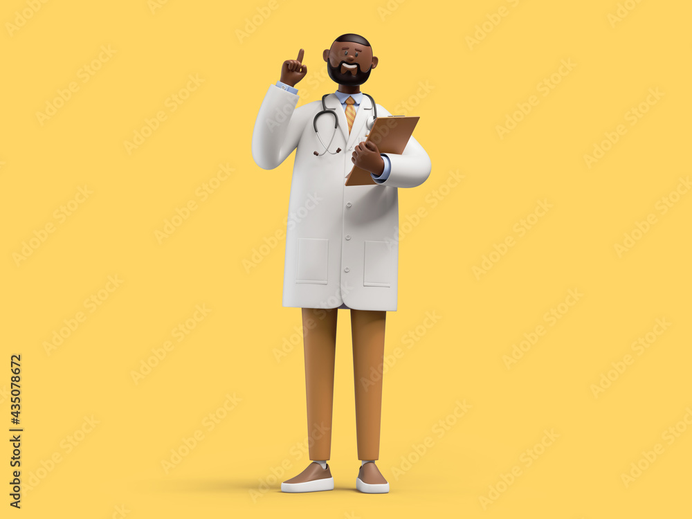 3d render. African cartoon character doctor holds documents and gives advice. Medical clip art isolated on yellow background. Professional consultation - obrazy, fototapety, plakaty 