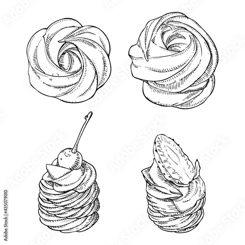 Set of hand drawn meringues on white background. Zephyr and sweet mini pavlova cake with cream, strawberry and cherry. Vector illustration in engrave style.