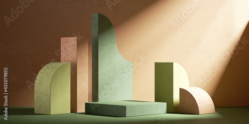 Tableau sur toile 3d rendering, abstract background with assorted geometric shapes and empty square platform for product presentation