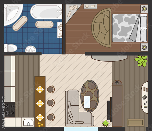 Interior plan in color. Detailed apartment furniture overhead top view. Room in flat style. House floor design project
