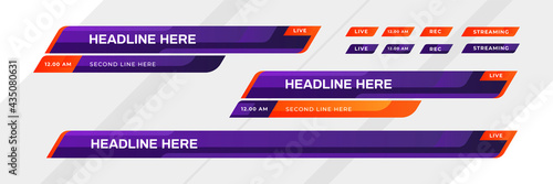 Lower third template. Set of TV banners and bars for news and sport channels, streaming and broadcasting. Collection of lower third for video editing on transparent background. Vector Illustration.