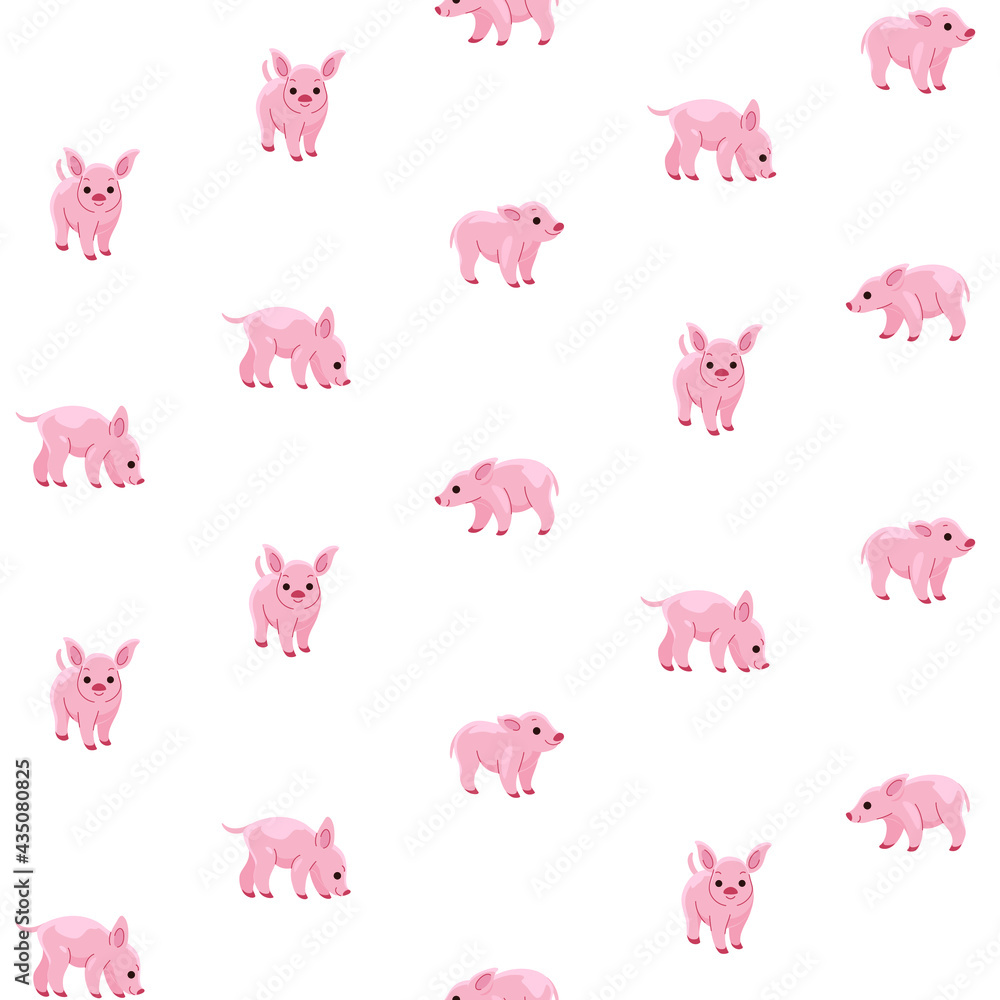 Cartoon happy pig - seamless trendy pattern with animal in various poses.