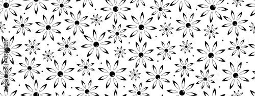 Seamless pattern of black and white daisy flowers abstract  banner. Vector illustration.