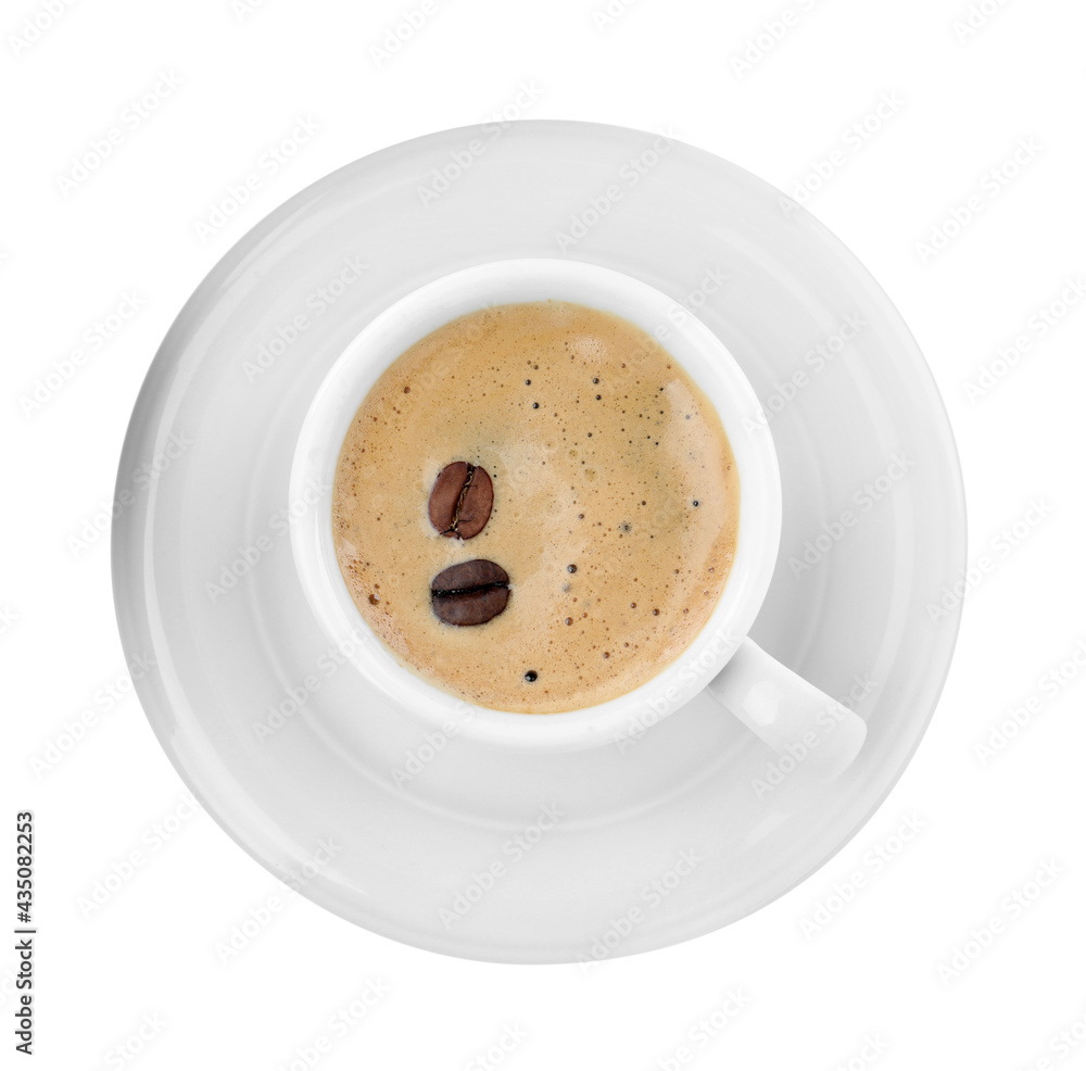 Cup of aromatic coffee with beans isolated on white, top view