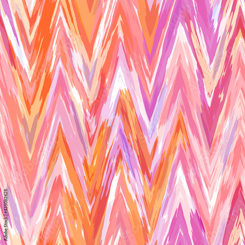 Bright summer zig zag tie dye bleed pattern. Playful space dyed vibrant hand painted watercolor effect. Trendy boho fashion seamless repeat background print. 80 s retro stripe style 