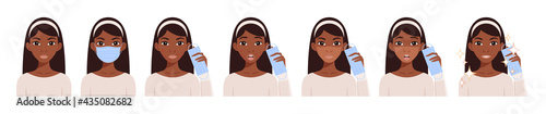 Black Afro Woman Wears a Medical Mask on her Face. Sad Girl with Pimples. Tan Mark on the Face from the mask. A Happy Lady with a mask in her Hands. Flat cartoon color style. White background. Vector.