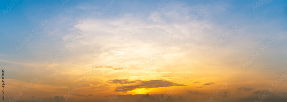 The morning sky with fluffy clouds and sunlight.