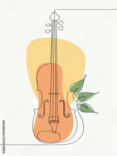 Musical acoustic instrument violin with strings and bow. Minimalist design, freehand composition, modern style. Elegant continuous lines poster for a Scandinavian interior.