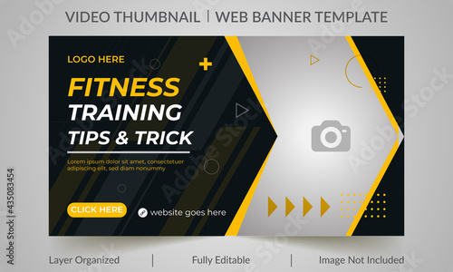 Fitness gym training class thumbnail design for any videos. Fitness gym customizable video thumbnail and web banner template. Video cover photo template for social media