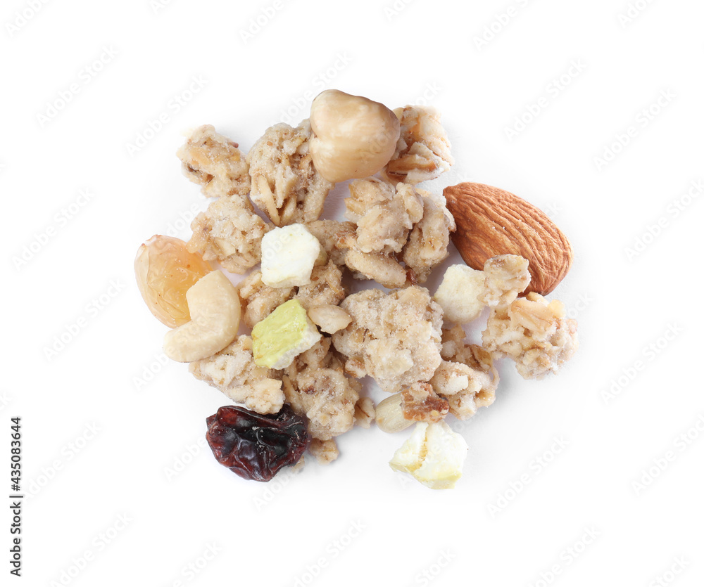 Pile of granola on white background, top view. Healthy snack Pile of granola on white background, top view. Healthy snack