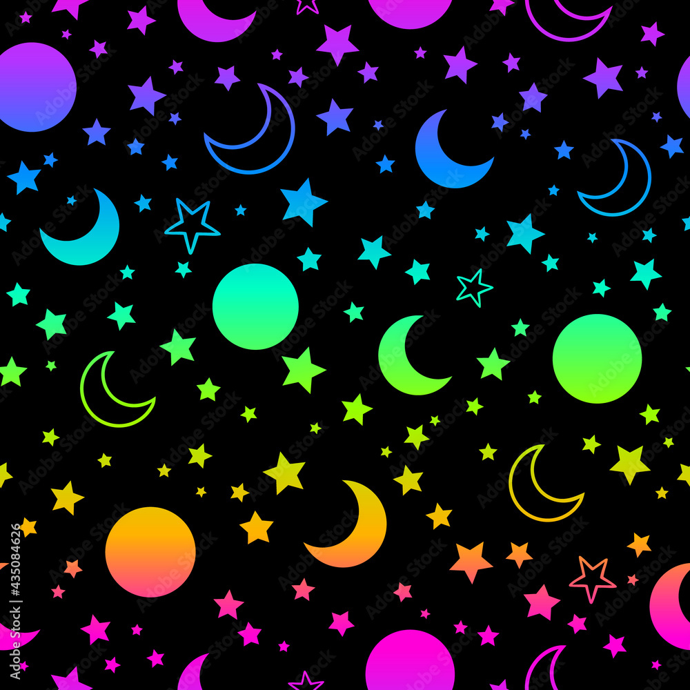 rainbow bright neon pattern with moon and stars Stock Vector Adobe Stock