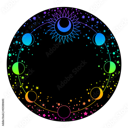 mystical round neon frame with moon and sun