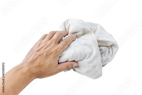 Foto fabric dirty ragged in hand of man isolated on white, cleaning rag dry, dirty cl
